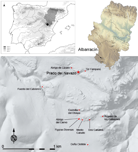 Mapa de localización del abrigo de Los Toros del Prado del Navazoen la Sierra de Albarracín.